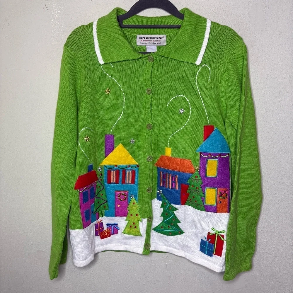 Tiara International Festive Green Cardigan with Colorful House Design Size Small - Picture 1 of 6